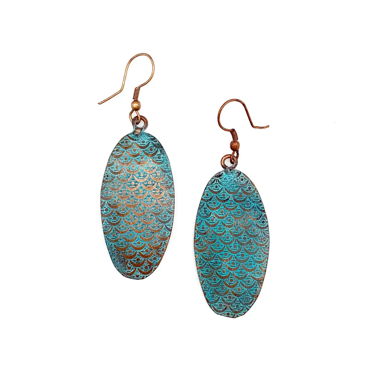 Copper Patina Earrings - Turquoise Scallop Ovals