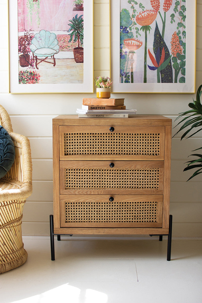 Woven Cane Wooden Table with Drawers