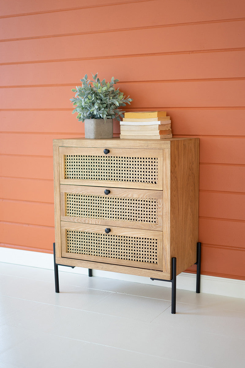 Woven Cane Wooden Table with Drawers