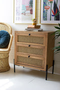 Woven Cane Wooden Table with Drawers