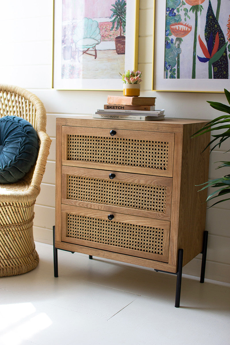 Woven Cane Wooden Table with Drawers