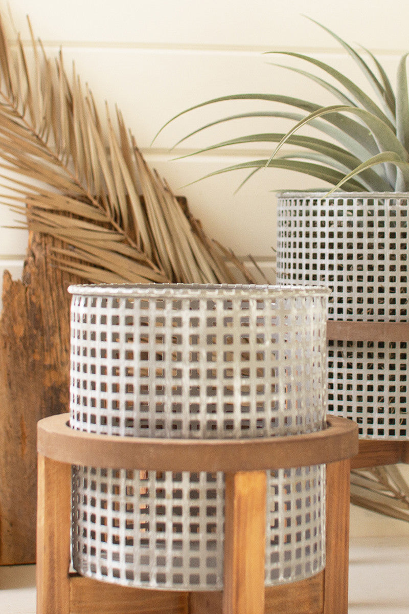 Woven Metal Planters with Wood Stand