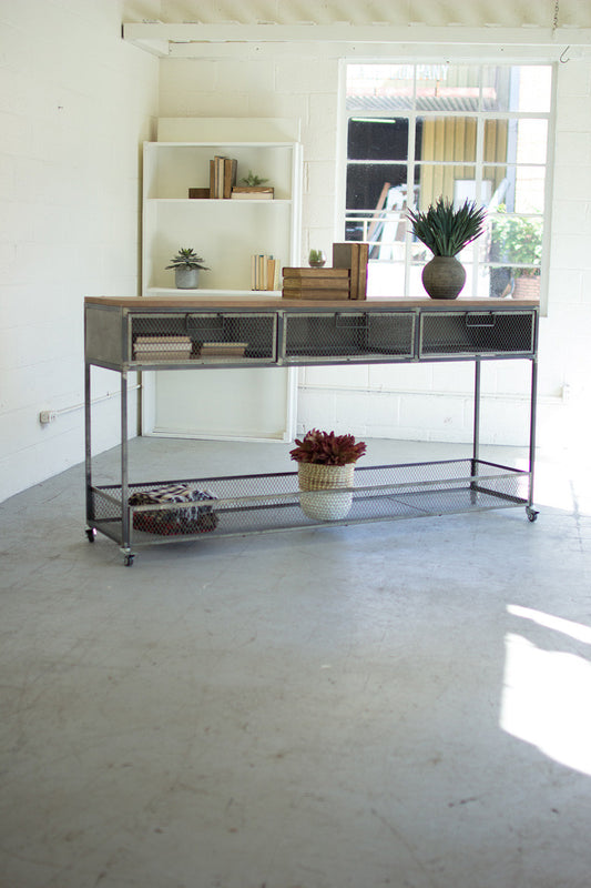 Rolling Metal Console with Wire Mesh Drawers & Wood Top