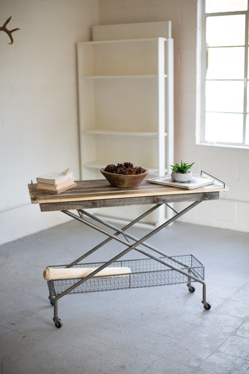 Recycled Wood Console Table with Basket & Casters