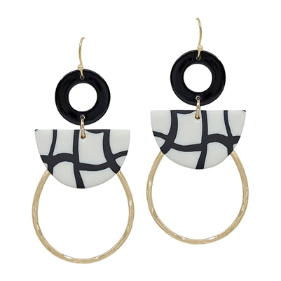 Gold Teardrop with Black/White Geometric Clay Earrings