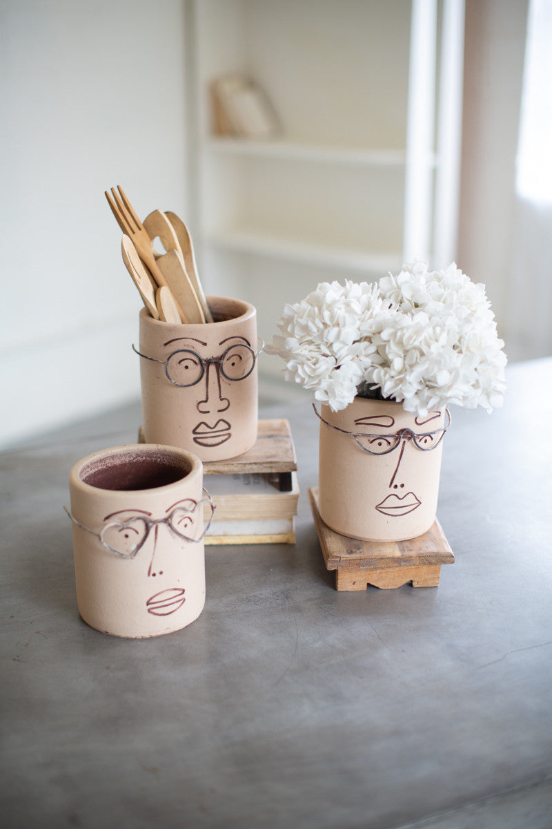 Clay Face Planters with Wire Glasses