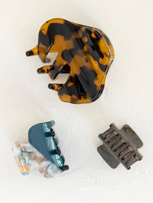 Set Of 3 Hair Claws-Brown/Silver Glitter