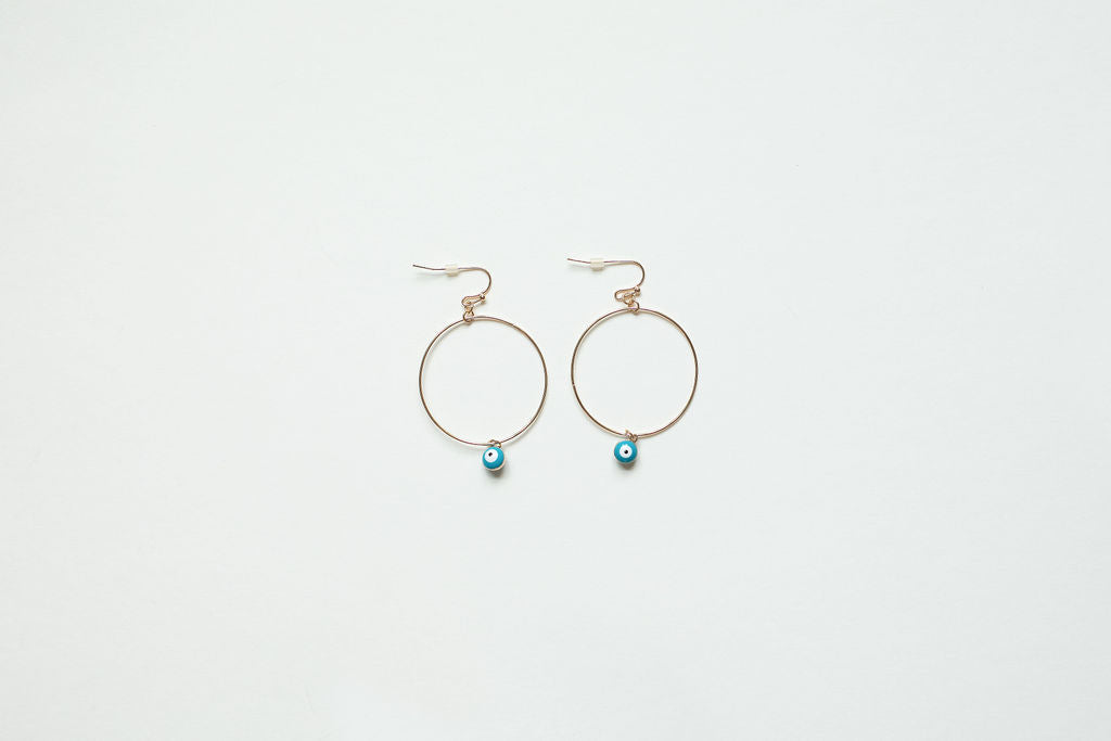 Turquoise and Gold Evil Eye Charm Hoops