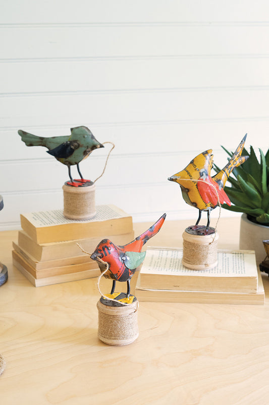 Recycled Iron Birds on Wooden Spools