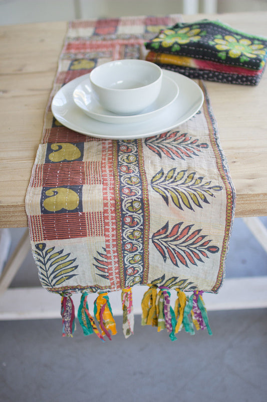 Kantha Table Runner with Tassels