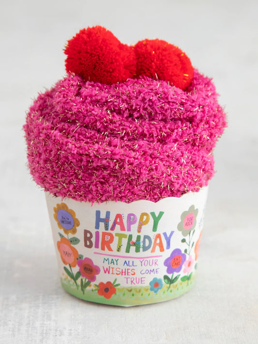 Pink Happy Birthday Cupcake Socks