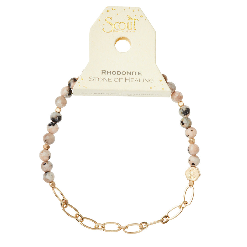 Mini Stone w/Chain Stacking Bracelet - Rhodonite/Gold