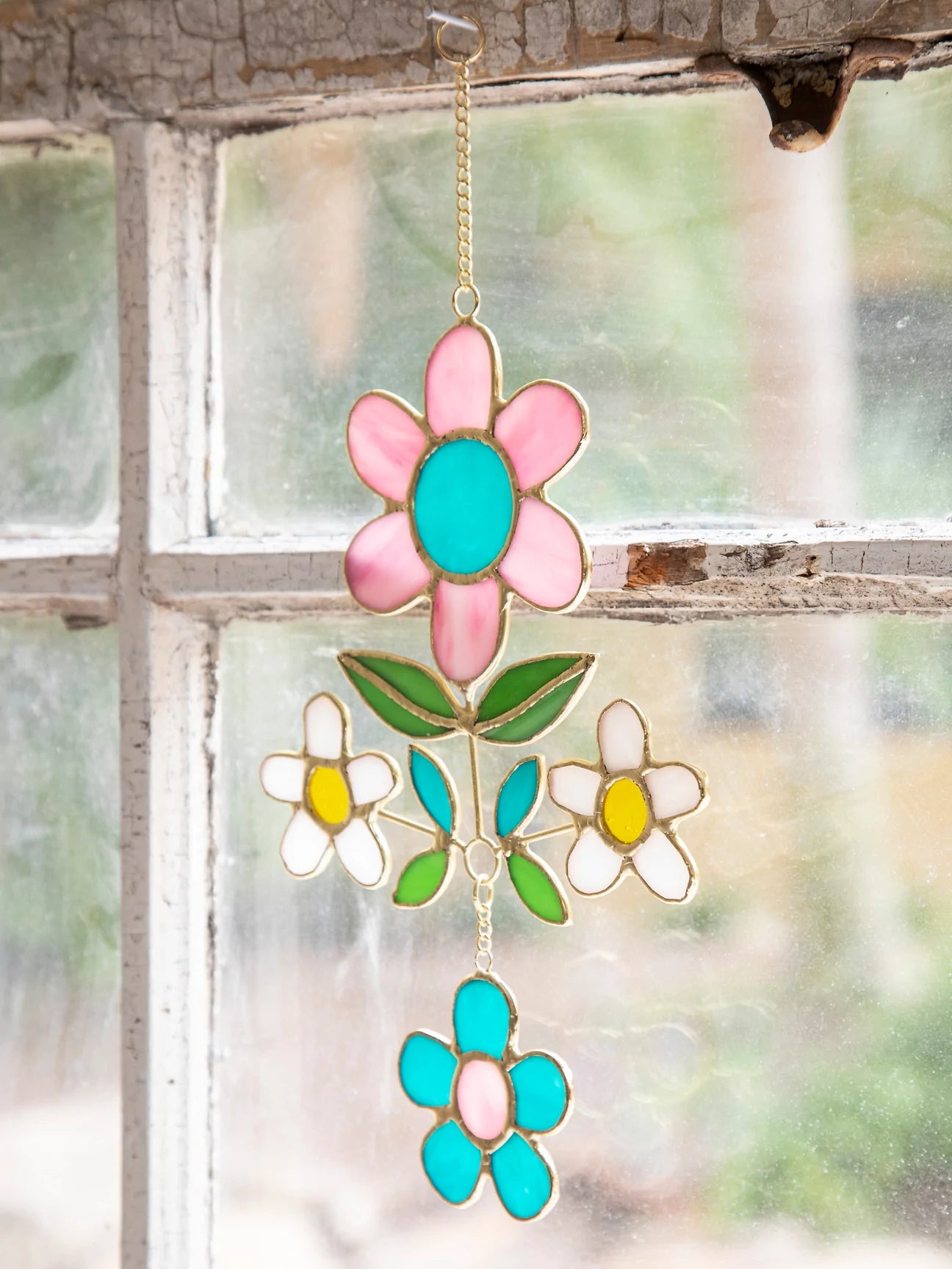 Stained Glass Window Hanging - Folk Flower Cluster