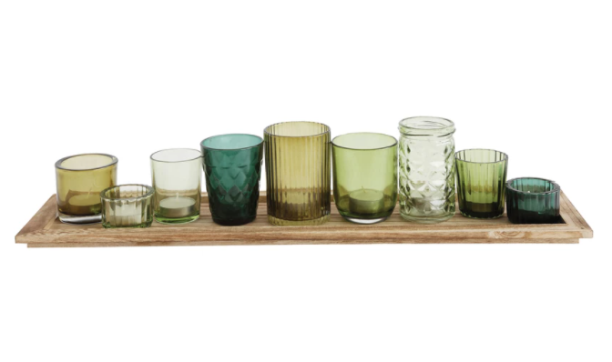 Embossed Glass Votives on Wood Tray, Greens
