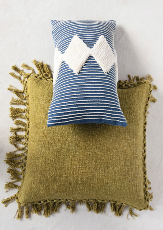 Olive Green Crochet & Fringe Pillow