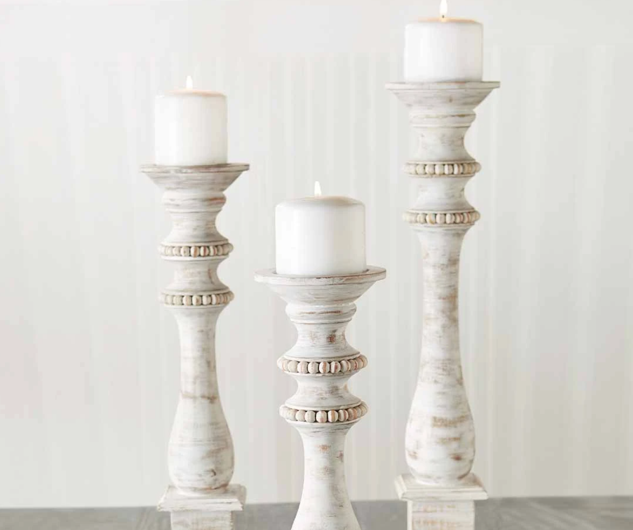 White Beaded Wood Candlesticks