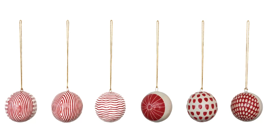 Red & Cream Hand-Painted Paper Mache Ornaments