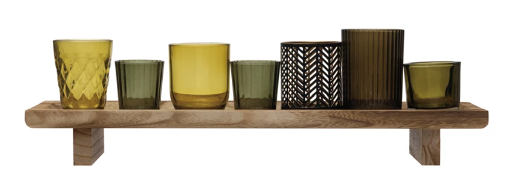 Green Votives with Wooden Footed Tray