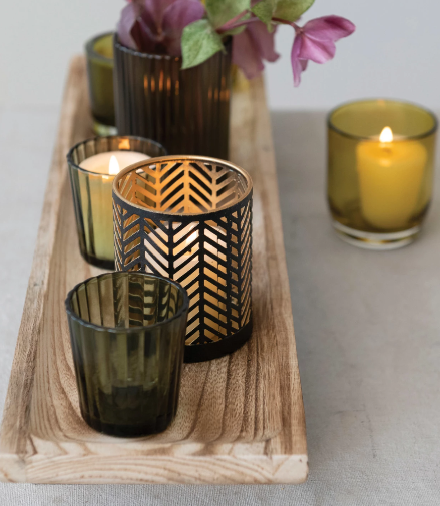 Green Votives with Wooden Footed Tray
