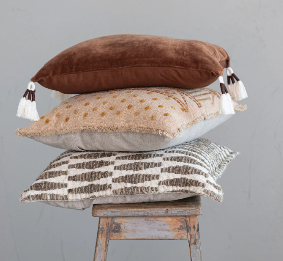 Putty Embroidered Pillow with Fringe