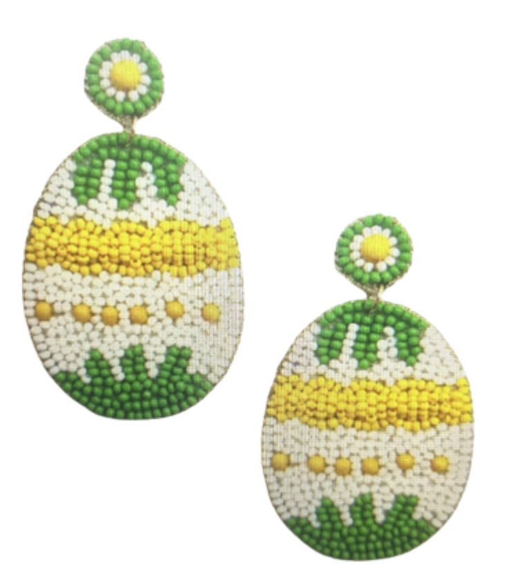 Green, White, & Yellow Beaded Easter Egg Earrings