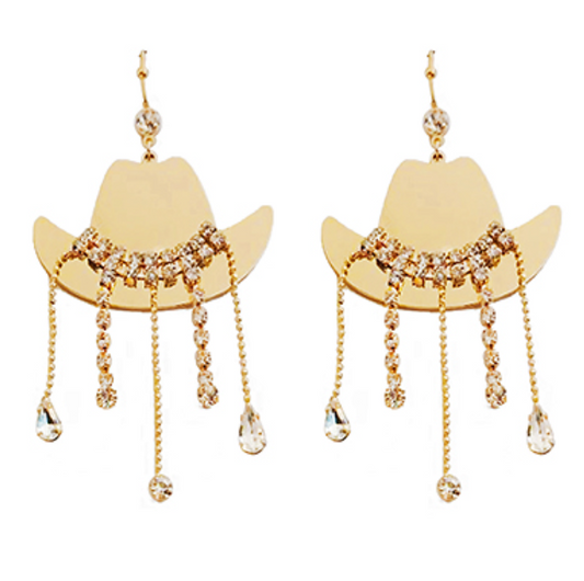 Cowgirl Hat Crystal Fringe Earrings