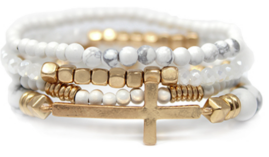 4 Row Wood Stone Beads & Cross Bracelet