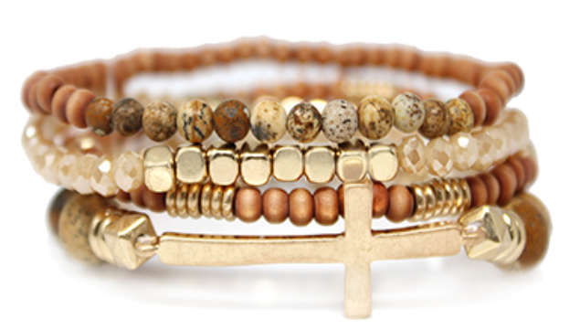 4 Row Wood Stone Beads & Cross Bracelet