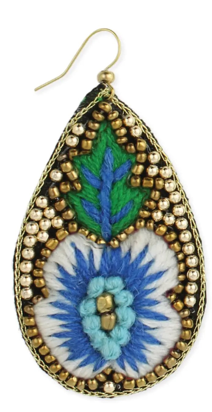 Embroidered Flower Teardrop Earrings