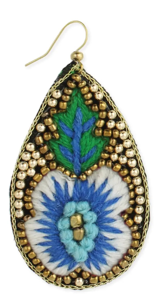 Embroidered Flower Teardrop Earrings