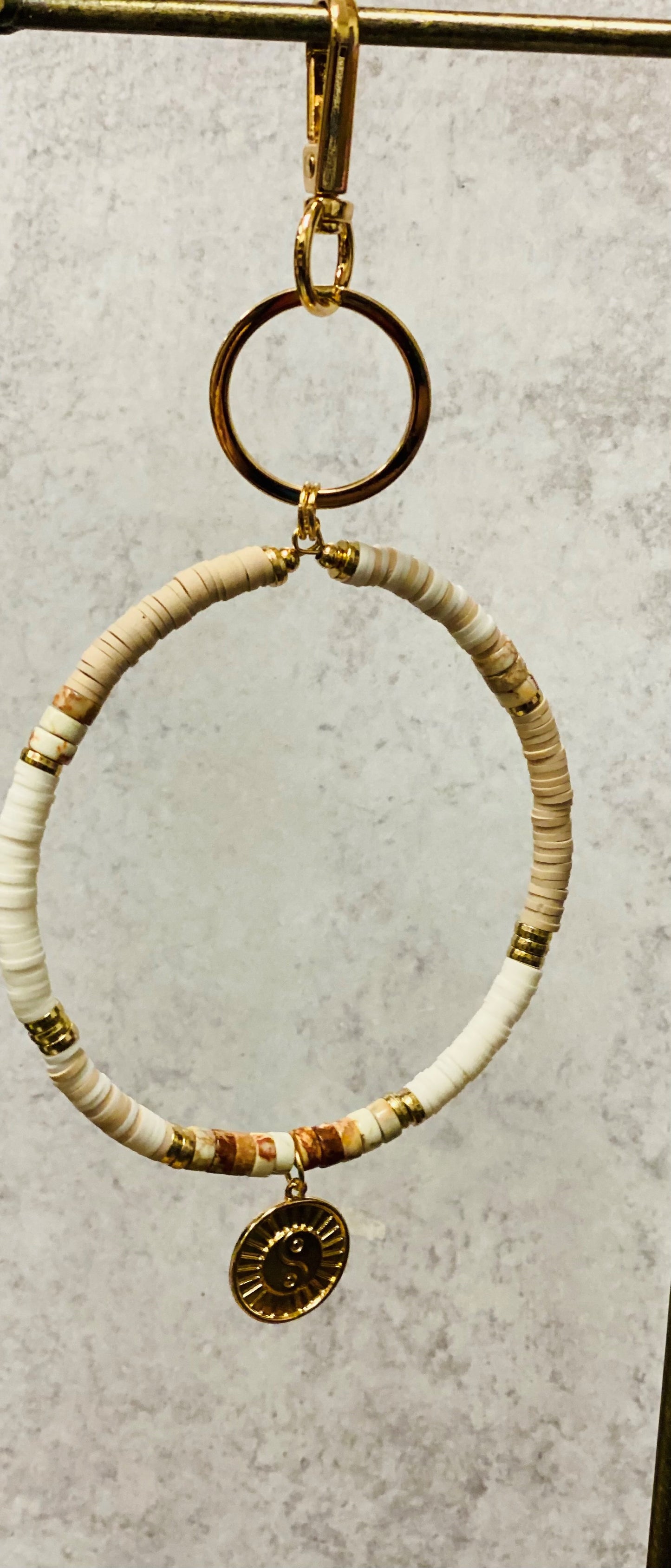 Yin Yang Charm & Bead Key Ring Bracelet-Ivory