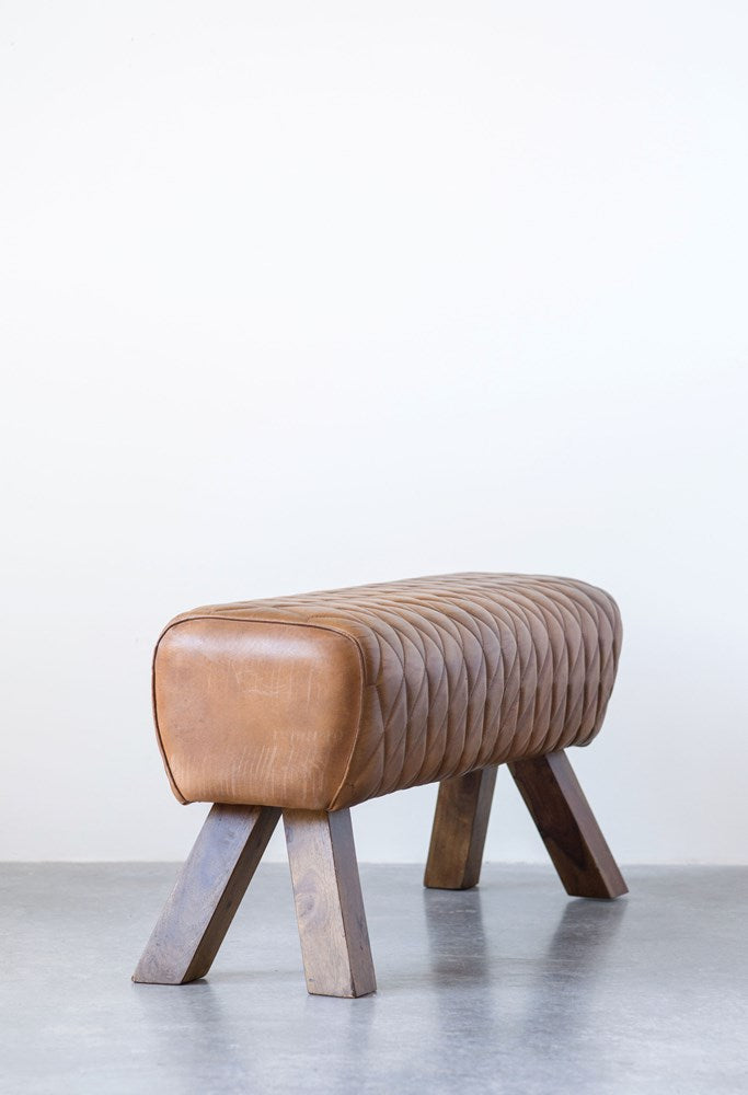 Stitched Leather & Wood Bench