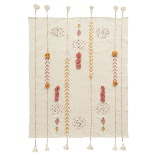Cream Embroidered Throw with Tassels & Applique