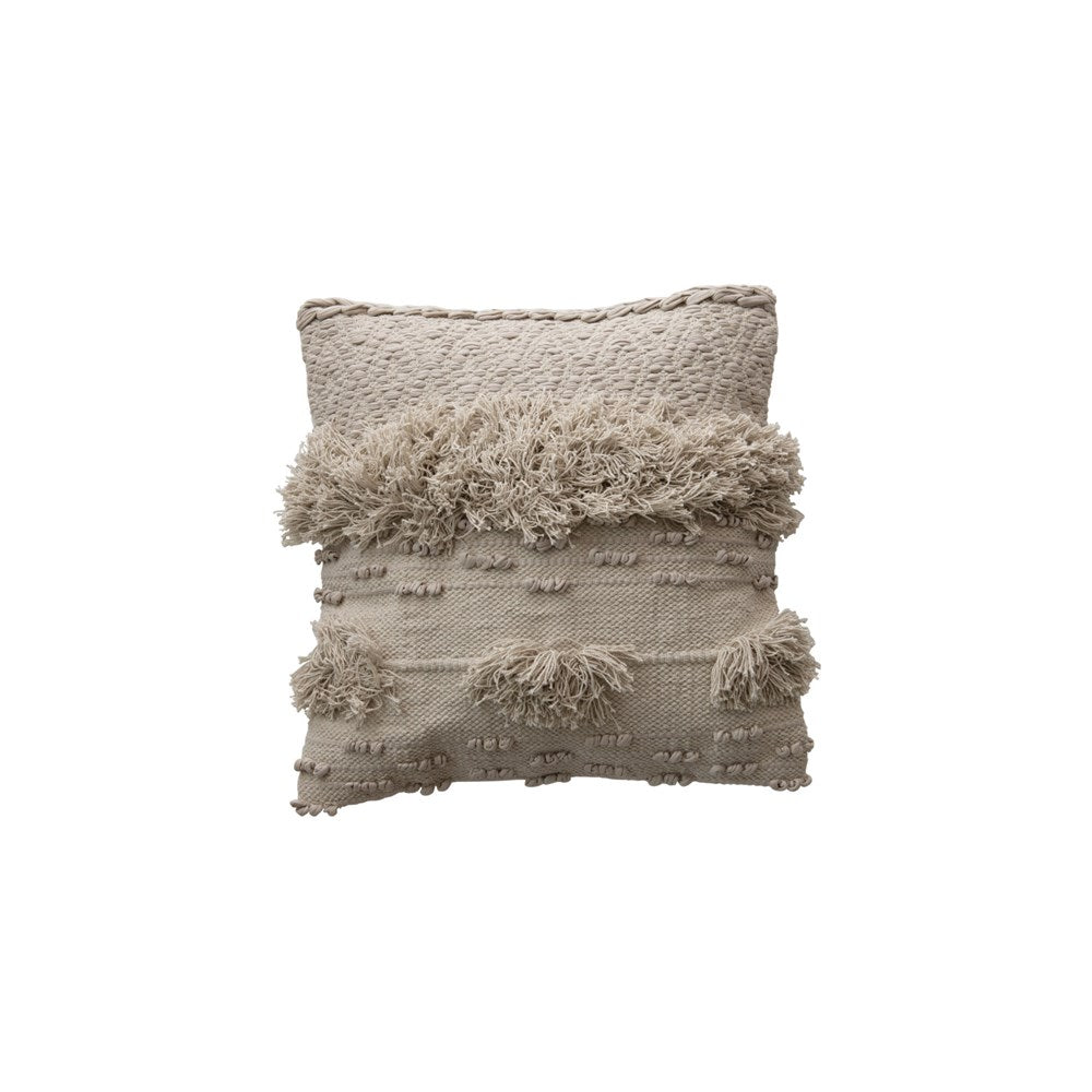 Cream Textured Pillow with Fringe