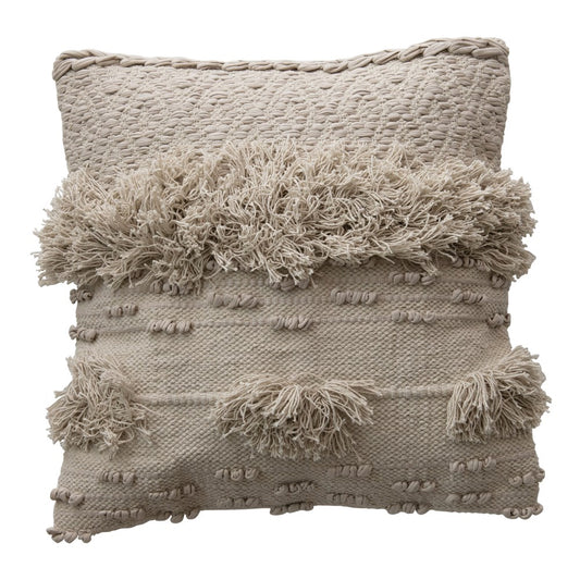 Cream Textured Pillow with Fringe
