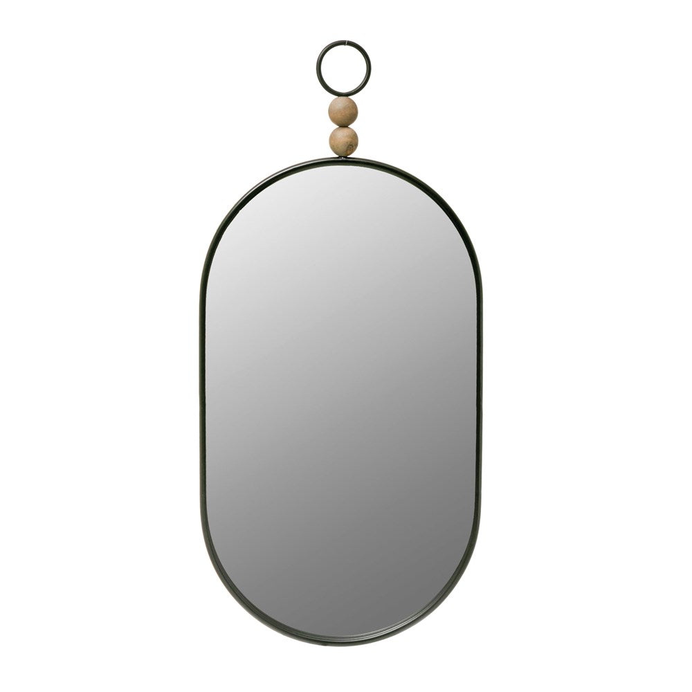 Oval Black Metal Framed Wall Mirror with Wood Beads