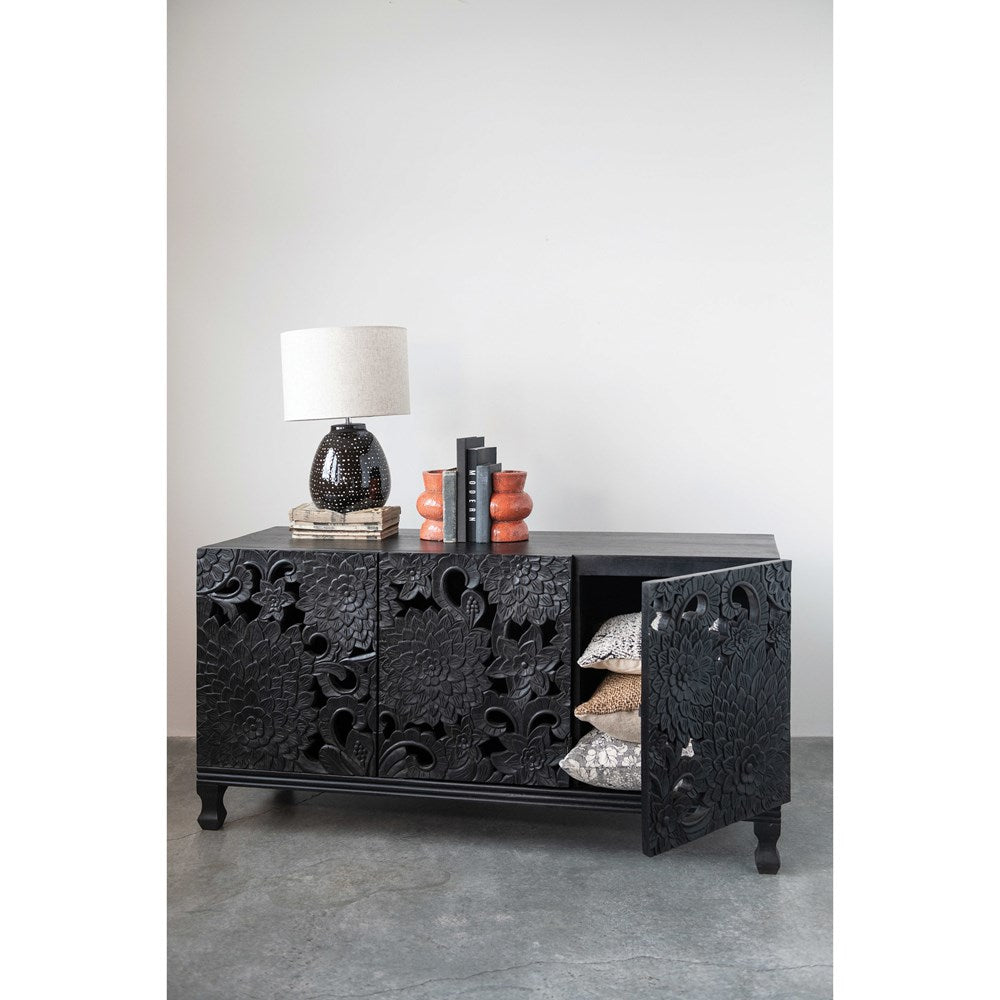 Carved Floral Black Console Table