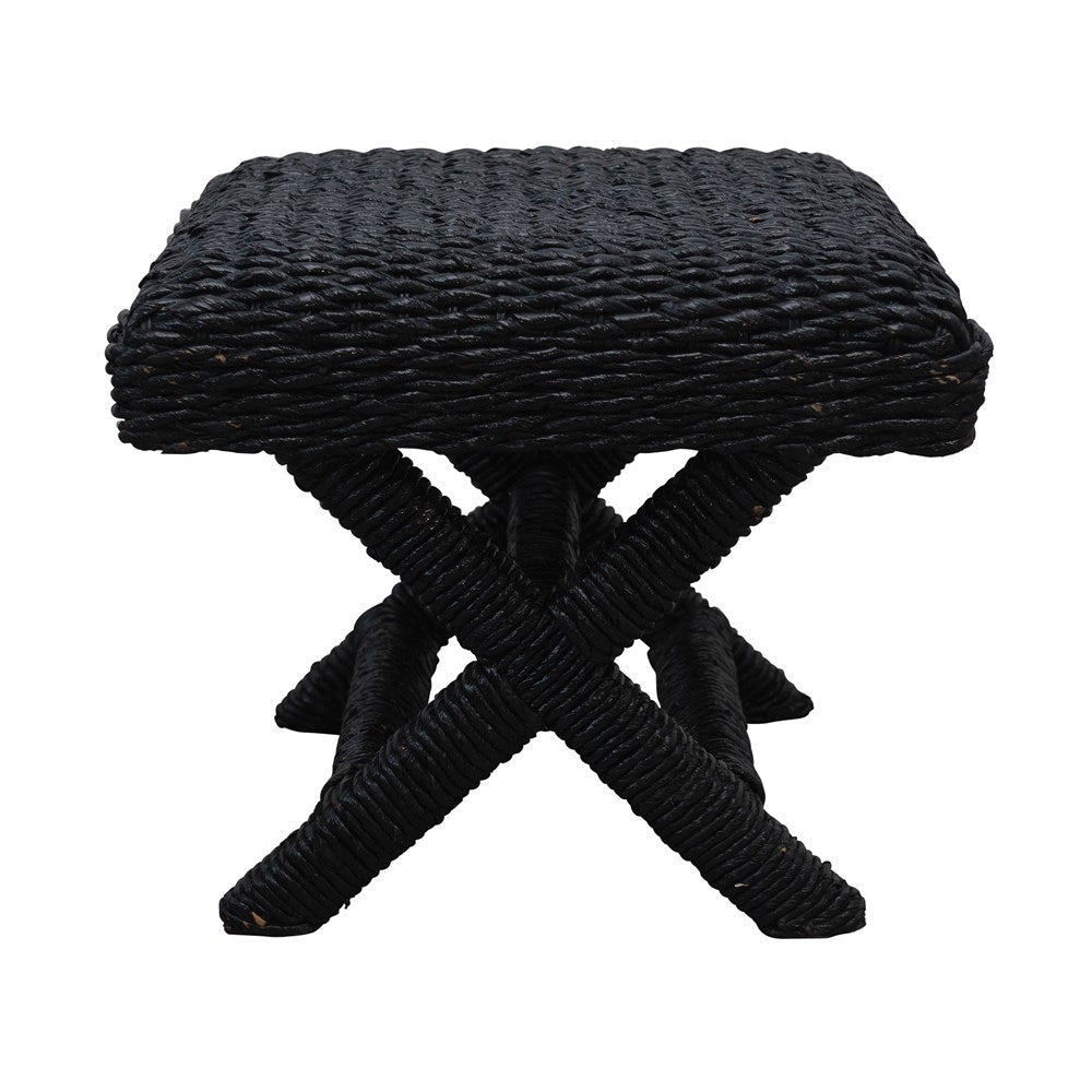 Black Woven Water Hyacinth Wood Stool