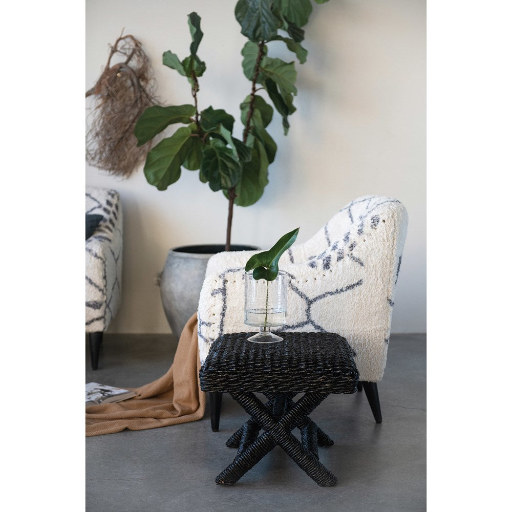 Black Woven Water Hyacinth Wood Stool