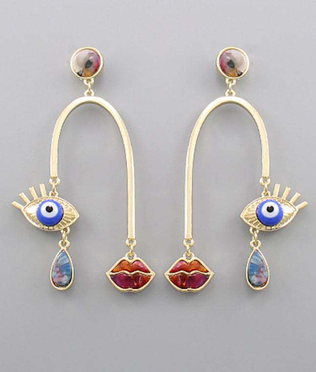 Gold Evil Eye & Lip Arch Earrings