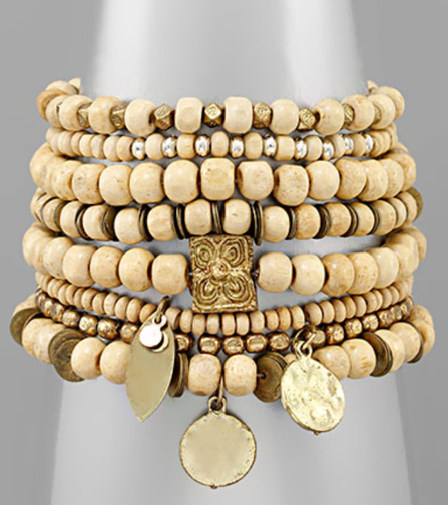Hammered Charm & Wood Bracelet