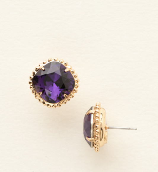 Cushion-Cut Solitaire Stud Earrings-Purple Violet