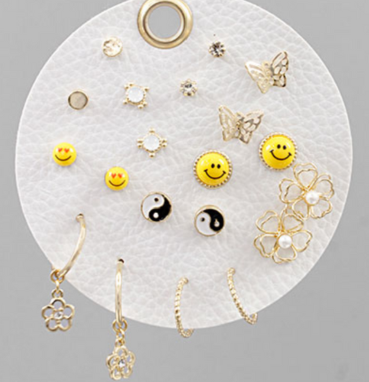 Flower & Smile Face Earrings Set