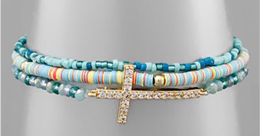 3 Row Multi Bead & Cross Bracelet