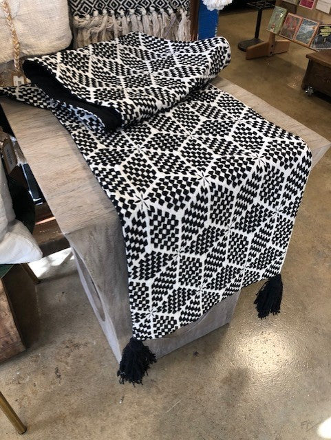 Black Geometric Runner with Tassels